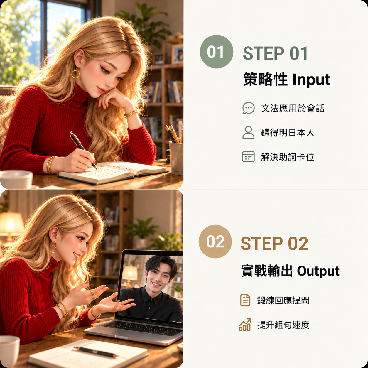 STEP 01 策略性Input：文法應用於會話、聽得明日本人、解決助詞卡位；STEP 02 實戰輸出Output：鍛練回應提問、提升組句速度