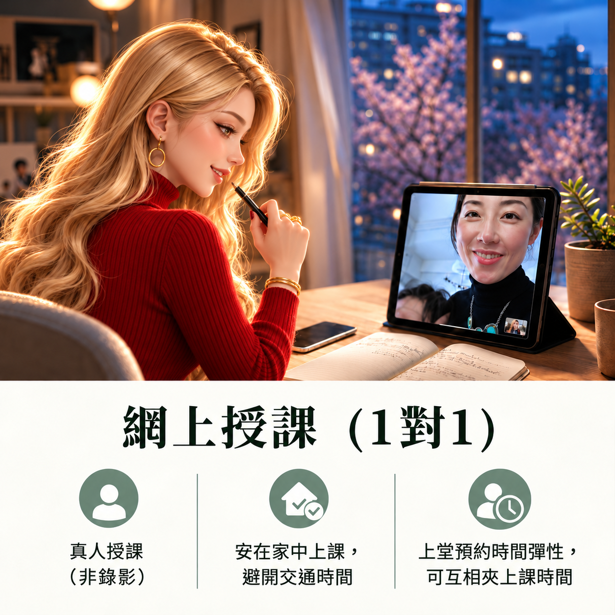 網上授課(1對1):真人授課非錄影、安在家中上課避開交通時間、上堂預約時間彈性可互相夾上課時間