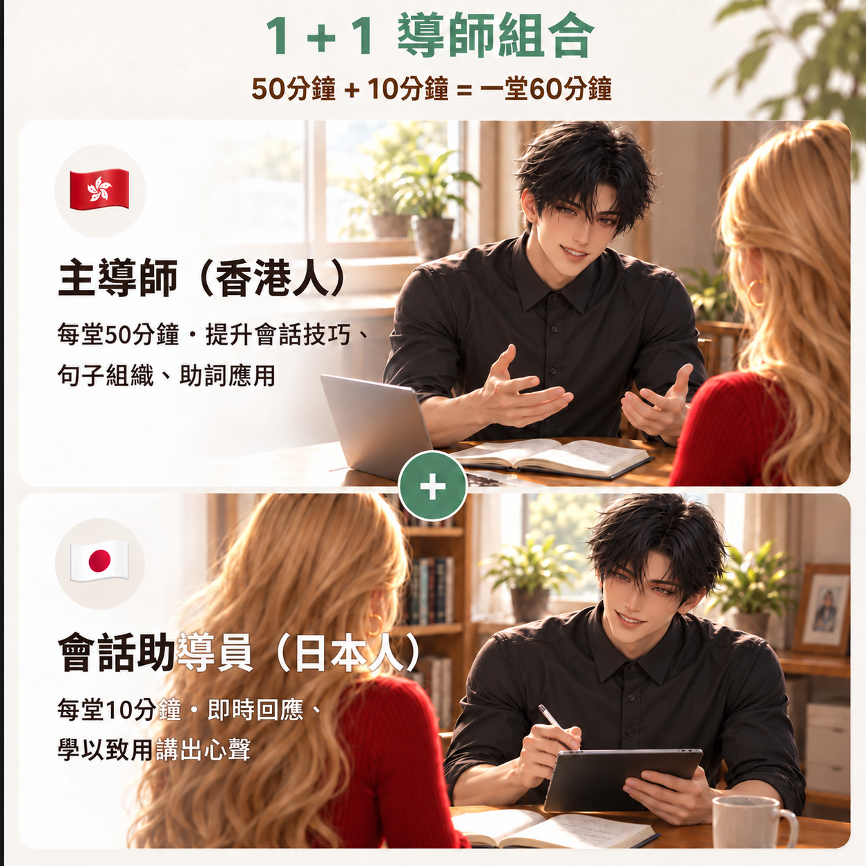 1+1導師組合：香港主導師50分鐘＋日本會話助導員10分鐘＝一堂60分鐘